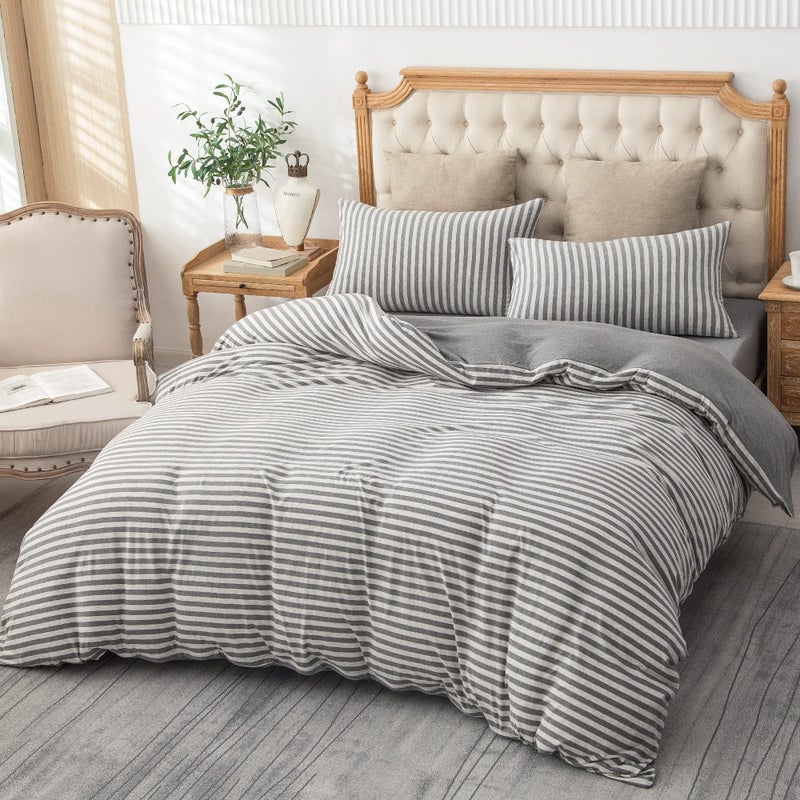 PURE ERA Jersey Knit Duvet Cover Set 100% T-Shirt Heather Cotton Super Soft Comfy Classic Striped Design, with Zipper Closure, Grey Stripe, Queen - Image 5